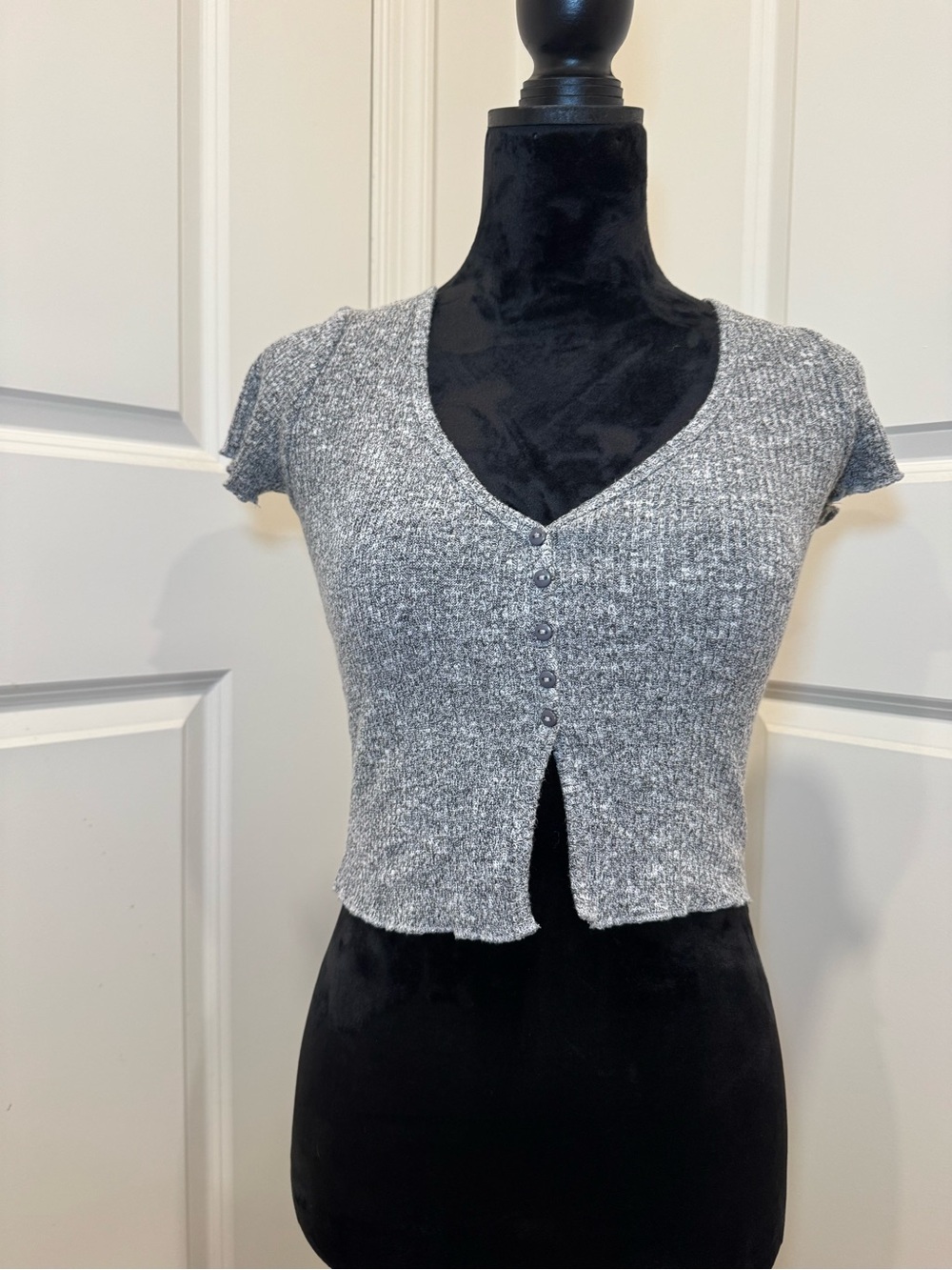 Gray Knit Short Sleeve Button Front Crop Top